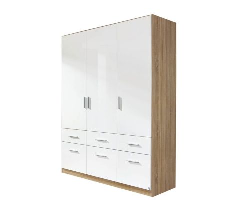 Rauch Celle Alpine White with High Polish White 3 Door 6 Drawer Combi Wardrobe with 1 Mirror (W136cm)