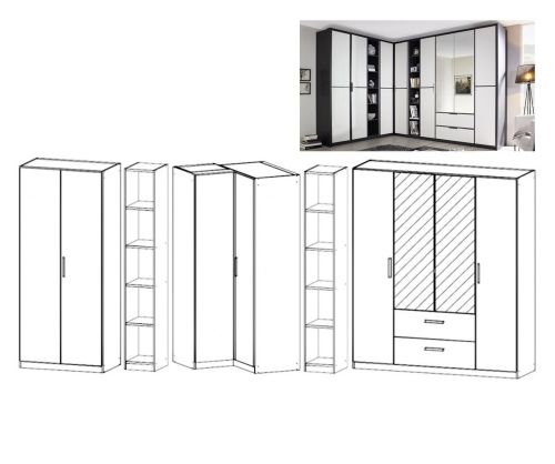 Rauch Essensa Metallic Grey with Alpine White L Shaped Folding Wardrobe with Vertical and Horizontal Trims and Carcass Coloured Handle (W438cm)