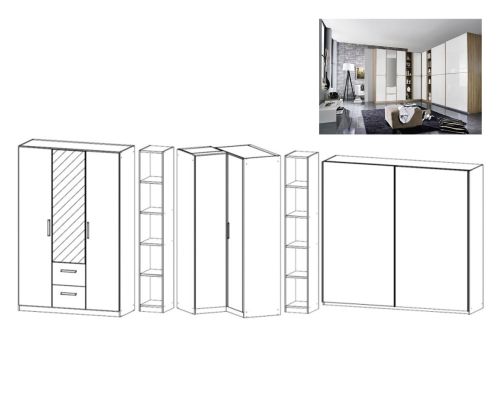 Rauch Essensa Sonoma Oak with White Glass L Shaped Folding Wardrobe with Vertical and Horizontal Trims and Chrome Coloured Handle (W528cm)