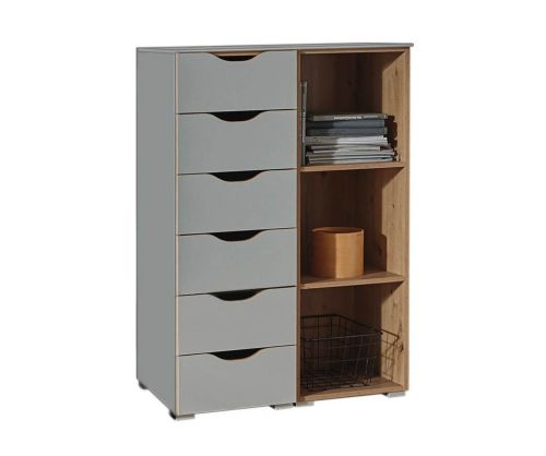 Rauch Lias Silk Grey 6 Drawer Chest with Shelf Unit with Application Artisan Oak Colour