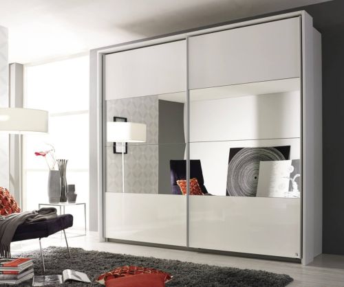 Rauch Quadra White High Polish Front 2 Part Mirror 3 Door Sliding Wardrobe with Carcase Colour Handle Strips(W315cm)