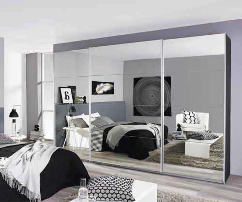 Rauch Quadra White High Polish Front 3 Door Sliding Wardrobe with Chrome Colour Handle Strips(W315cm)