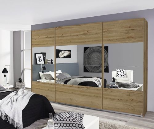 Rauch Quadra 3 Part Mirror Door Sliding Wardrobe with Carcase Colour Handle Strips(W315cm)