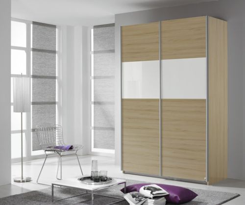 Rauch Quadra White Glass Overlay 2 Sliding 1 Glass Door Wardrobe with Carcase Colour Handle Strips(W136cm)