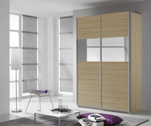 Rauch Quadra White Part Glass Overlay Front 2 Door Sliding Wardrobe with Carcase Colour Handle Strips(W136cm)