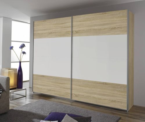 Rauch Quadra White Part Glass Front 2 Door Sliding Wardrobe with Carcase Colour Handle Strips(W271cm)