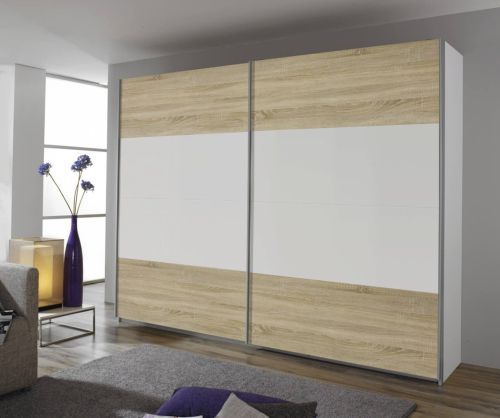 Rauch Quadra White Part Glass Front 2 Door Sliding Wardrobe with Chrome Colour Handle Strips(W271cm)