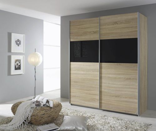 Rauch Quadra Basalt Part Glass Overlay Front 2 Door Sliding Wardrobe with Aluminum Colour Handle Strips(W136cm)