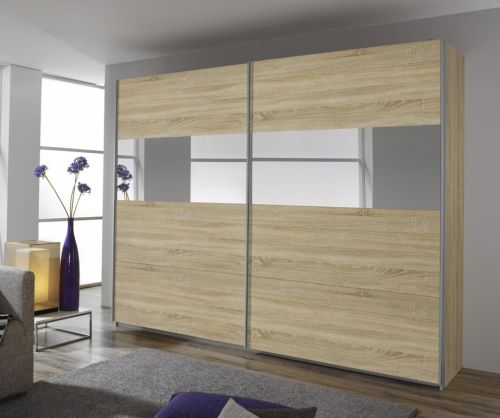 Rauch Quadra Silk Grey Part Glass Overlay Front 2 Door Sliding Wardrobe with Chrome Colour Handle Strips(W181cm)