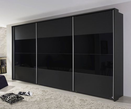 Rauch Quadra Effect Grey High Polish Part Mirror Front 3 Door Sliding Wardrobe with Chrome Colour Handle Strips(W315cm)