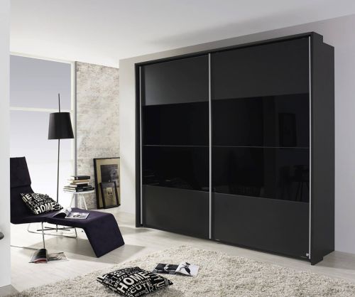 Rauch Quadra Effect Grey High Polish Front 2 Part Mirror Door Sliding Wardrobe with Carcase Colour Handle Strips(W226cm)