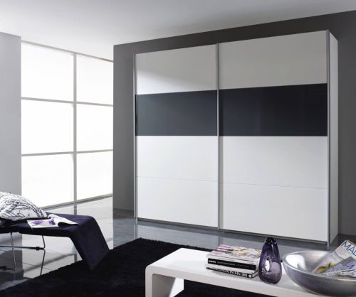 Rauch Quadra Black Glass Overlay 2 Door Sliding Wardrobe with Chrome Colour Handle Strips(W181cm)