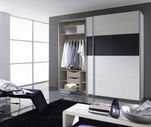 Rauch Quadra Black Part Glass Front 2 Door Sliding Wardrobe with Carcase Colour Handle Strips(W271cm)