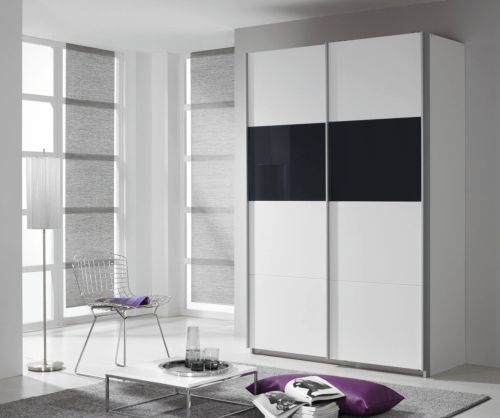 Rauch Quadra Black Part Glass Overlay Front 2 Door Sliding Wardrobe with Carcase Colour Handle Strips(W136cm)