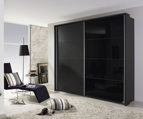 Rauch Quadra Black Glass Overlay 2 Door Sliding Wardrobe with Carcase Colour Handle Strips(W271cm)