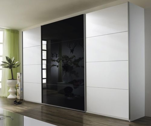 Rauch Quadra Black 3 Glass Overlay Door Sliding Wardrobe with Chrome Colour Handle Strips(W315cm)