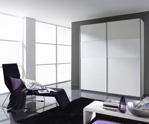 Rauch Quadra White Glass Overlay 2 Door Sliding Wardrobe with Carcase Colour Handle Strips(W181cm)