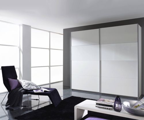 Rauch Quadra White High Polish Front 2 Part Glass Door Sliding Wardrobe with Carcase Colour Handle Strips(W136cm)