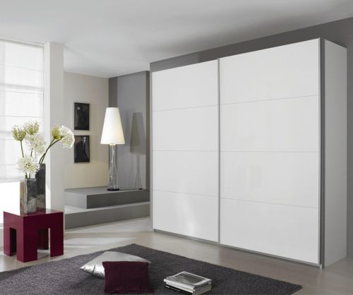 Rauch Quadra White Glass Overlay 2 Door Sliding Wardrobe with Chrome Colour Handle Strips(W271cm)