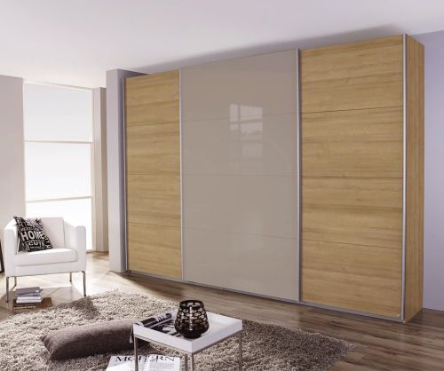 Rauch Quadra Silk Grey Part Glass Front 3 Door Sliding Wardrobe with Carcase Colour Handle Strips(W315cm)