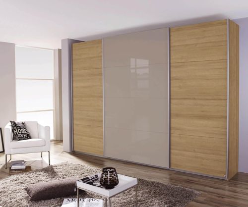 Rauch Quadra Silk Grey Part Glass Front 3 Door Sliding Wardrobe with Aluminum Colour Handle Strips(W315cm)