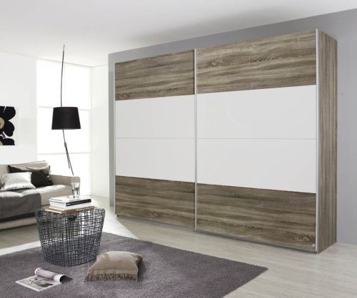 Rauch Quadra White 2 Part Glass Overlay Front 3 Door Sliding Wardrobe with Chrome Colour Handle Strips(W315cm)
