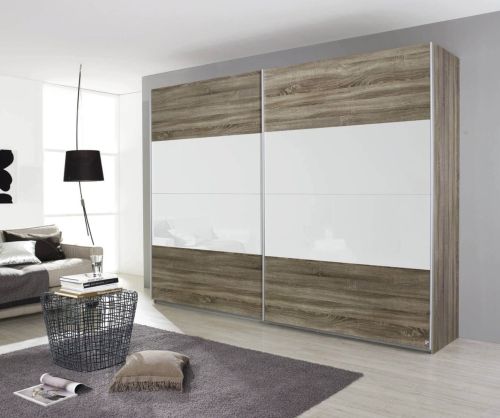Rauch Quadra White 2 Part Glass Overlay Front 3 Door Sliding Wardrobe with Aluminum Colour Handle Strips(W315cm)