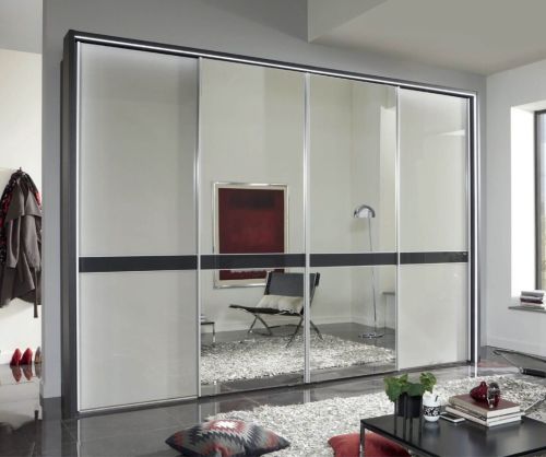 Wiemann Rialto Glass Pebble Grey Front 4 Door 2 Center Mirrored Sliding Door Wardrobe – W330cm