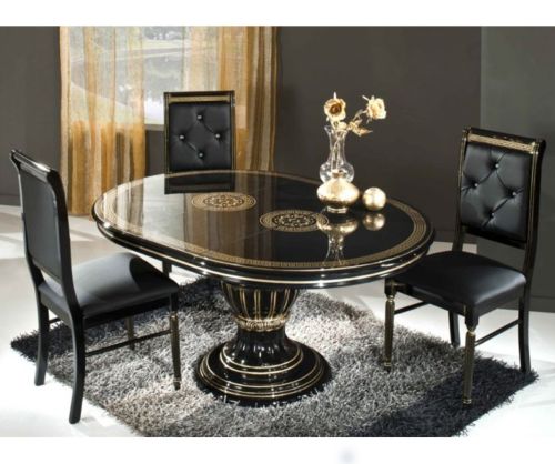 H2O Design Aurora Black and Gold Italian Round Extending Dining Set with Rossella Crystal Back Dining Chairs
