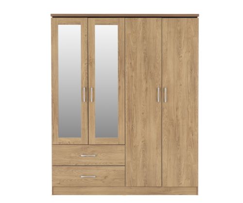 Seconique Furniture Charles 4 Door 2 Drawer Wardrobe – Oak and Walnut Effect 