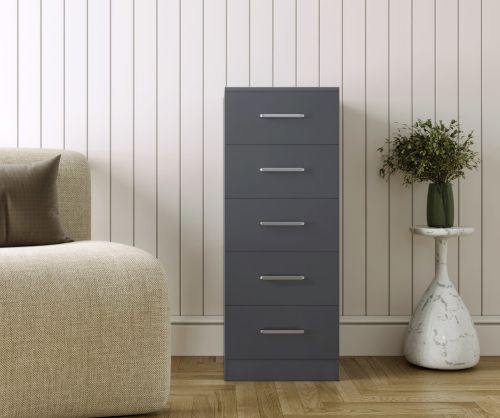 Seconique Furniture Dakota Dark Grey 5 Drawer Narrow Chest 