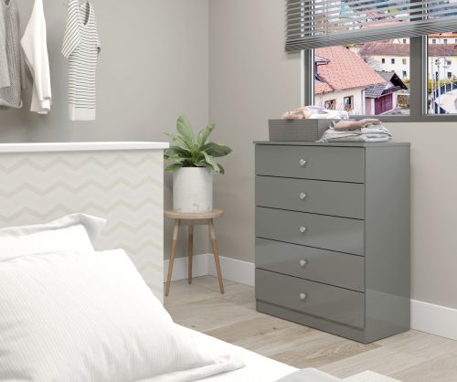  Seconique Furniture Denver Grey Gloss 5 Drawer Chest