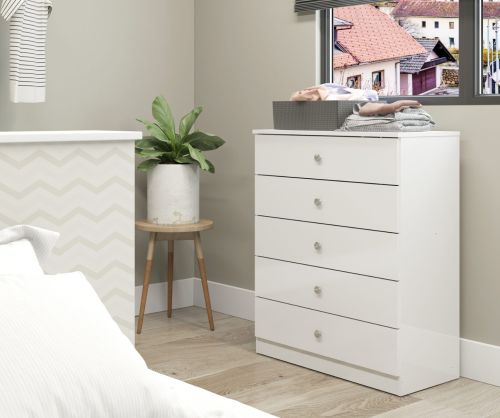  Seconique Furniture Denver White Gloss 5 Drawer Chest
