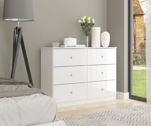  Seconique Furniture Denver White Gloss 6 Drawer Chest