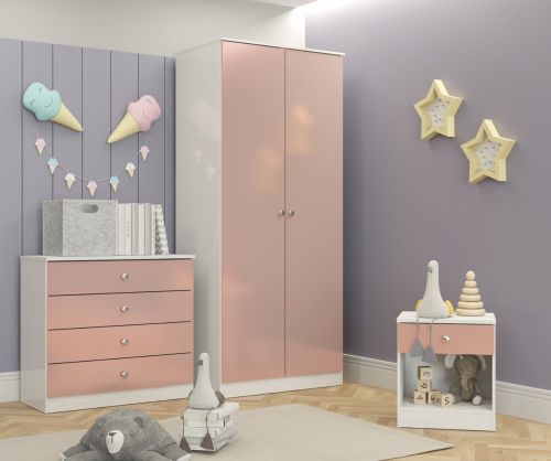  Seconique Furniture Denver Trio White and Pink Gloss Bedroom Set 100-108-088