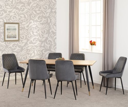 Seconique Furniture Hamilton Large Dining Set - Medium Oak Effect & Avery Emerald Grey Velvet X6 Dining Chairs