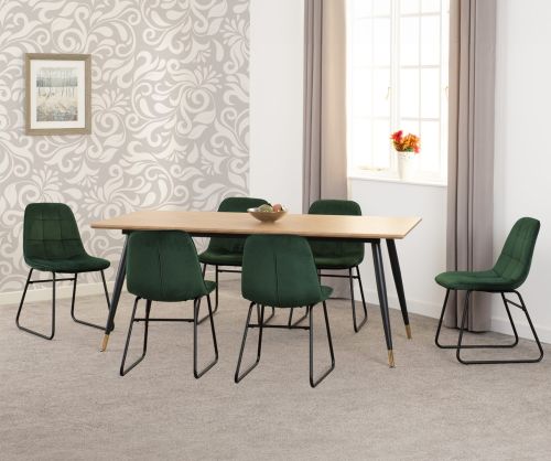 Seconique Furniture Hamilton Medium Oak Effect Large Dining Set with Lukas Black and Emerald Green Velvet Dining Chairs