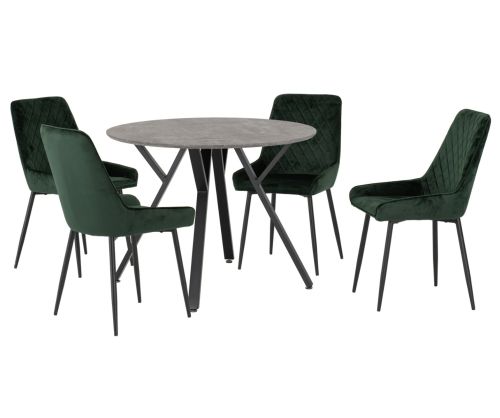 Seconique Furniture Athens Concrete Effect Round Dining Set with Avery Chairs –  Emerald Green Velvet 