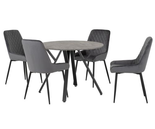 Seconique Furniture Athens Concrete Effect Round Dining Set with Avery Velvet Chairs – Black Legs