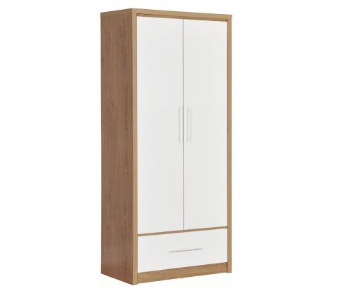 Seconique Seville Light Oak and White High Gloss 2 Door 1 Drawer Wardrobe