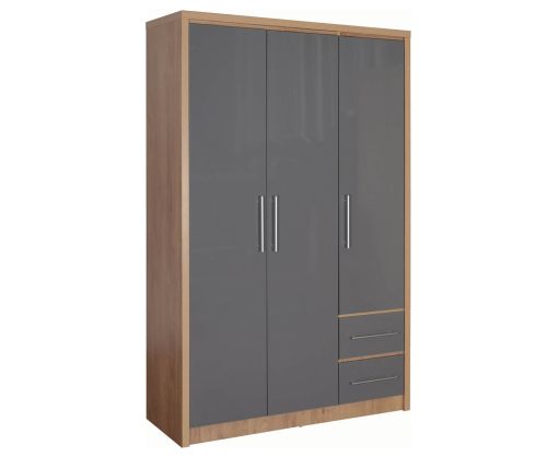 Seconique Seville Light Oak and Grey High Gloss 3 Door 2 Drawer Wardrobe