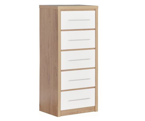 Seconique Seville Light Oak and White High Gloss 5 Narrow Drawer Chest
