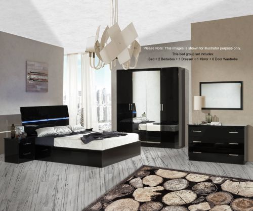 Ben Company Simona Black Finish Italian Bed Group Set with 6 Door Wardrobe