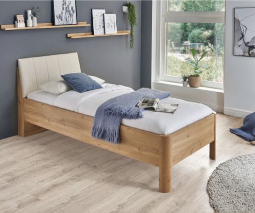 Wiemann Genf Wooden Bed Frame with Champagne Faux Leather Cushion Headboard
