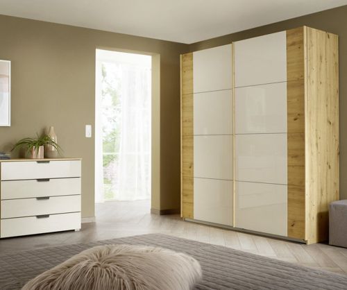 Rauch Artemis Artisan Oak Carcase and White Glass Front 2 Glass Door Sliding Wardrobe (W181cm)