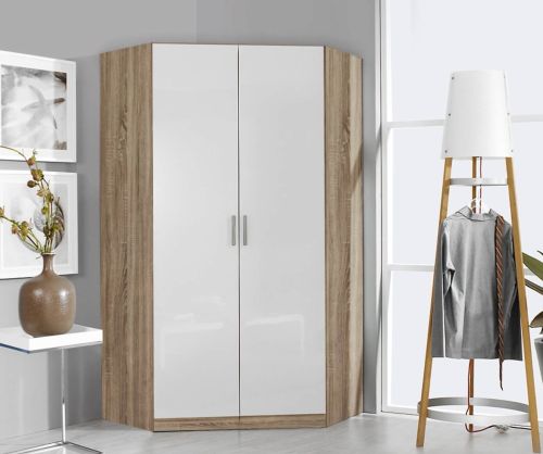Rauch Celle Sonoma Oak with High Polish White 2 Door Corner Wardrobe (W117cm)