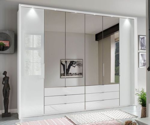 Wiemann Kansas 6 Door Wardrobe with White Glass Front and 4 Centre Crystal Mirror - W 300cm
