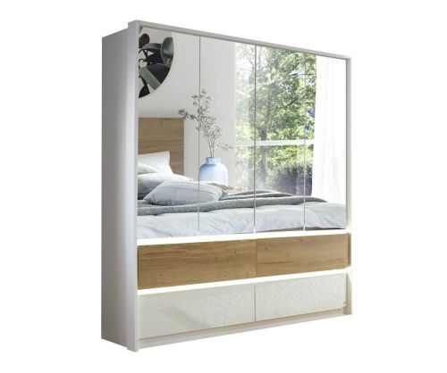 Rauch Winnipeg Metallic Grey Carcase with High Polish White Front 4 Door 4 Mirrors Combi Wardrobe with Drawers