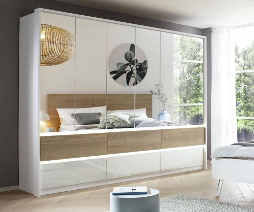 Rauch Winnipeg Alpine White Carcase with High Polish White Front 6 Door 6 Mirrors Combi Wardrobe with Drawers