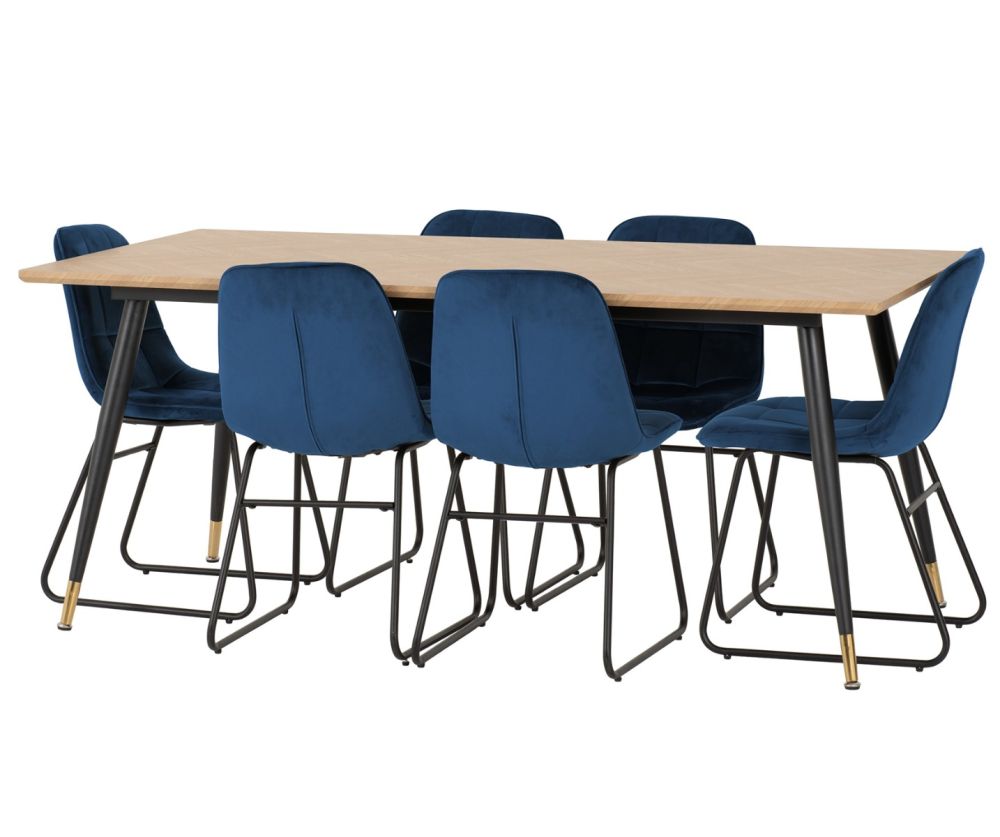 Seconique Furniture Hamilton Large Dining Set – Medium Oak Effect Table & Lukas Sapphire Blue Velvet Dining Chairs